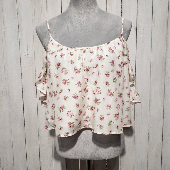 Forever 21 Crop Top M Cream Floral Ruffle Cottage Coquette Peasant Fairy Y2K - Picture 1 of 6